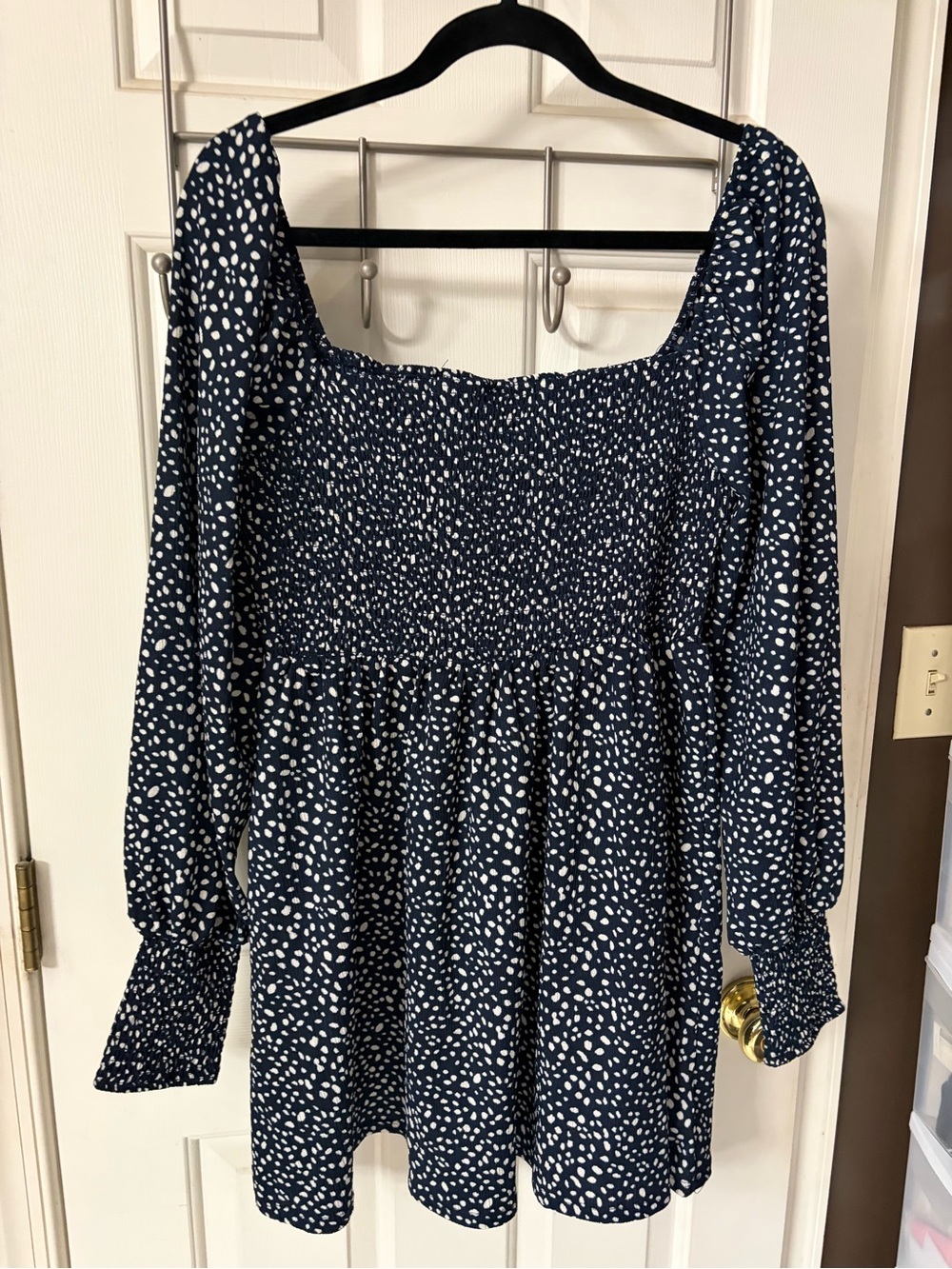 Mi Ami Smocked Navy Blue Long-Sleeve Mini Dress with White Dot Print L